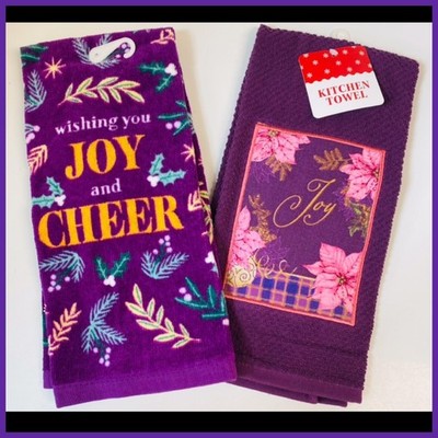 Christmas Purple Kitchen Towel LOT OF 2  Joy and Cheer  Christmas Tree Shops NWT