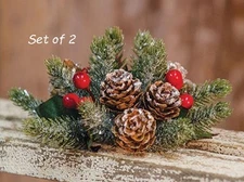 Set of 2 - Frosted CHRISTMAS Red Berry 1" CANDLE RINGS Glittered Pinecones