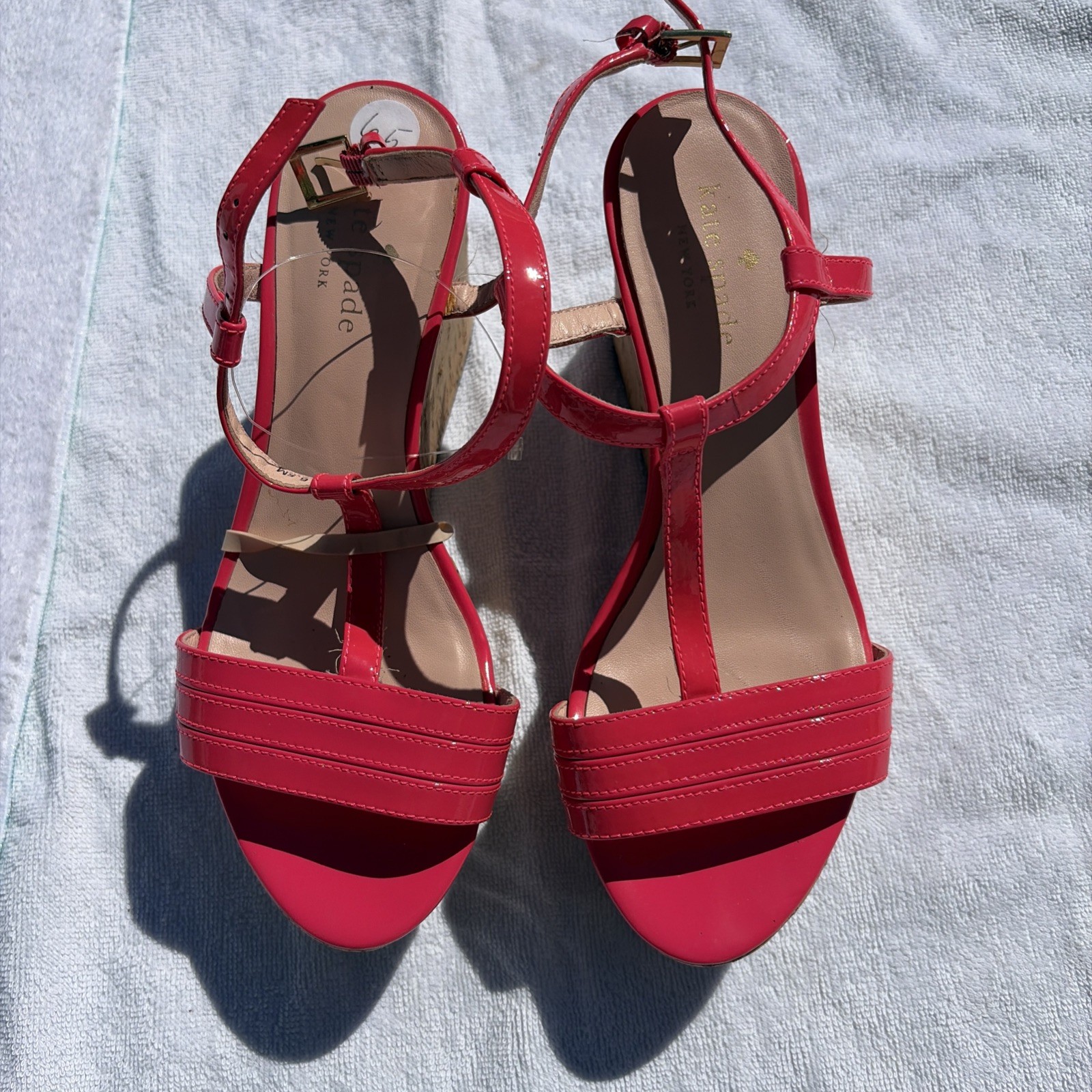 KATE SPADE Hot Pink Patent Cork Wedge Platform Sandal Strappy Heels Size 6.5