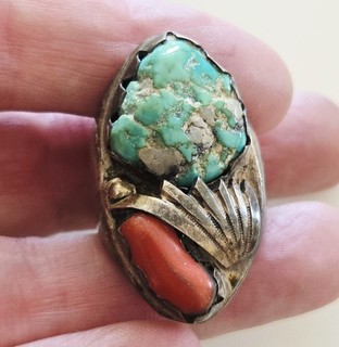 HUGE Men's OLD PAWN Two Stone CORAL Turquoise Sterling NAVAJO Ring SZ 11.5
