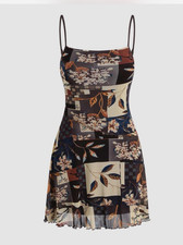 CIDER Floral Mesh Mini Dress Square Neck Strappy Sleeveless Multicolor Size S