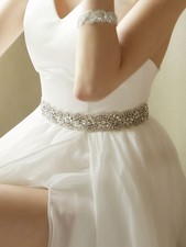 Silver One-Size Rhinestone Beaded Bridal Sash Belt For Wedding Dress