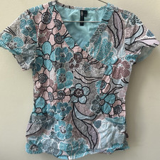 Barco Women  s S Blue Pink White Floral Patterned Medical Scrub Top