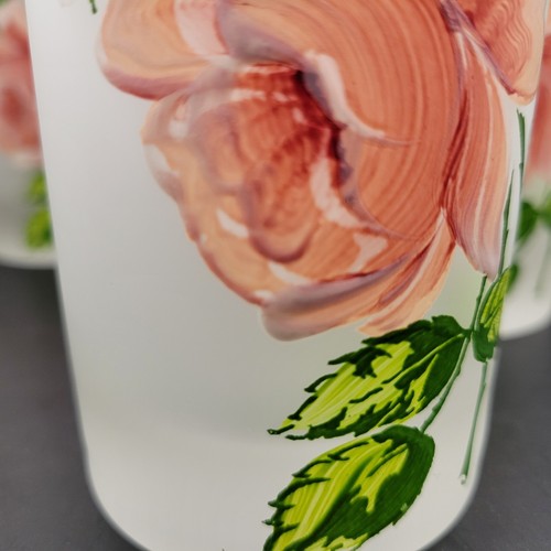 Federal Glass🍃🌸Painted Roses🌸🍃 12 oz Frosted Glass ~ 5 1/2" Tall - Set of 7 - Picture 14 of 17