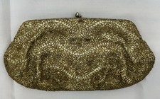 Vintage MAGID Japan Gold Beaded Evening Clutch Purse w/ Mirror 1950s Formal Bag