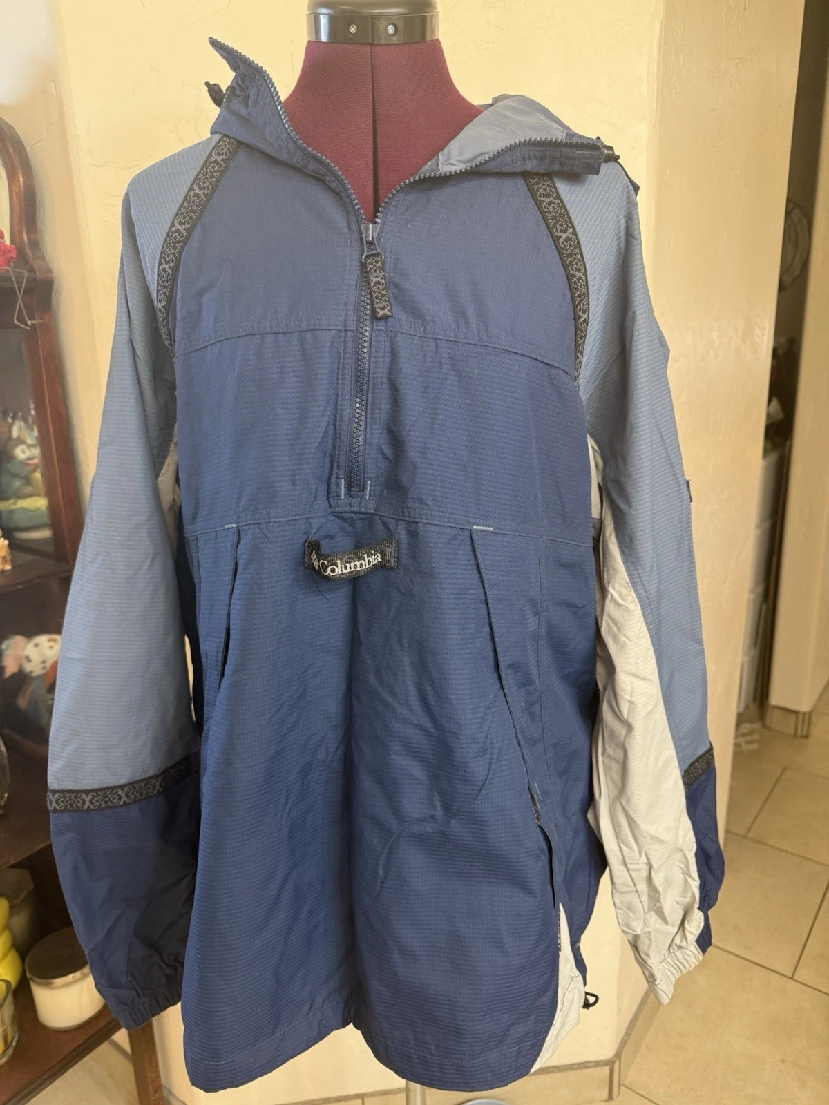 Columbia Windbreaker Rain Jacket Men's L Blue Packable Hooded Hiking Outdoors