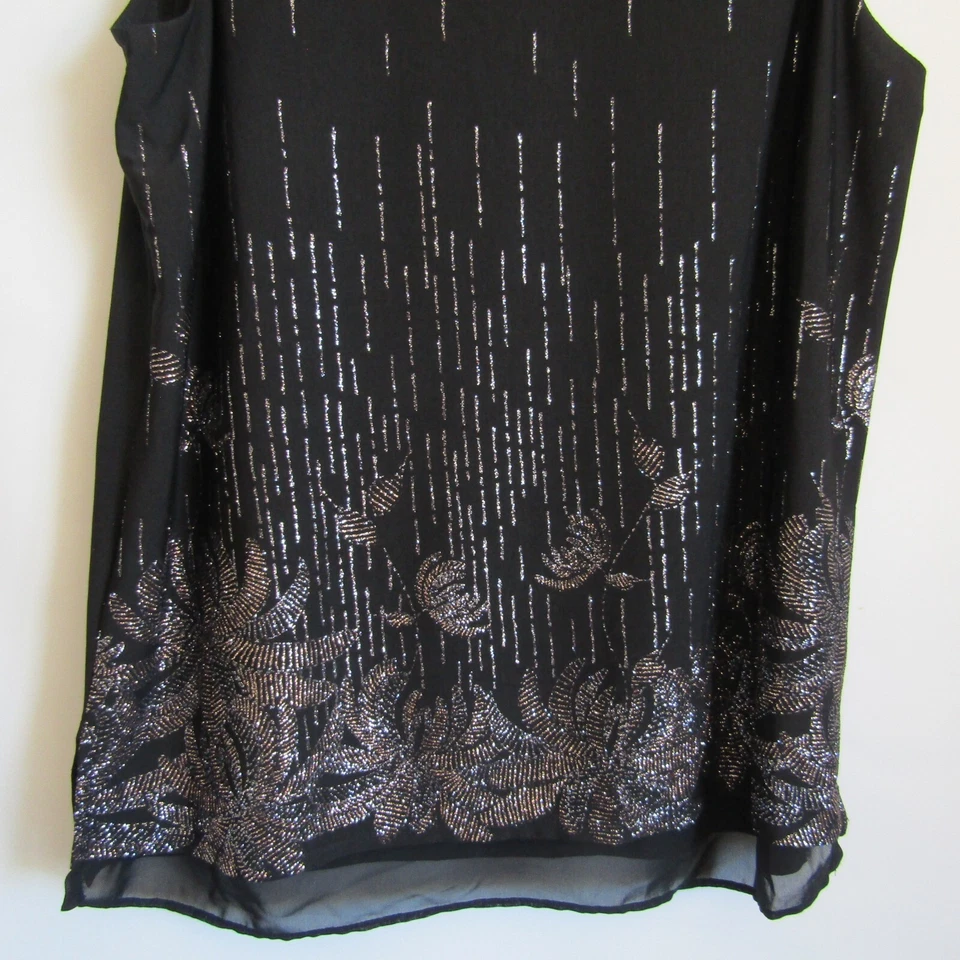 Debenhams Collection 14 Black Chiffon Evening Top Metallic Glitter Leaves - image 4 of 4
