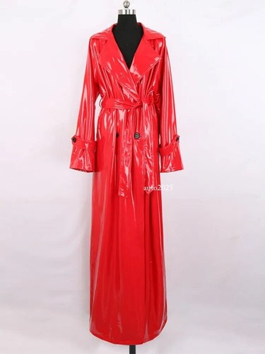 Autumn Extra Long Soft Red Reflective Shiny Patent Leather Trench Coat for Women - Picture 19 of 25