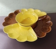 Vintage Yellow & Brown California Pottery USA Chip and Dip Set L69 & Lazy Susan