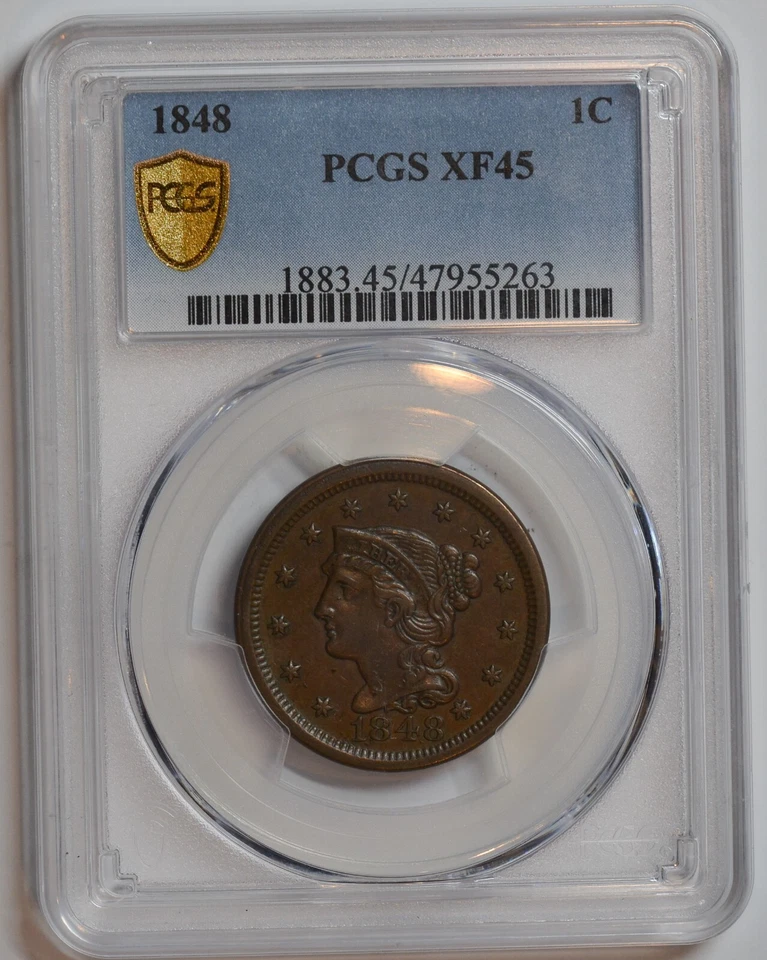 1848 Braided Hair Large Cent, PCGS XF45, Extremely Fine, PCGS TrueView, C7367 - Image 2 of 3