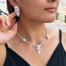 Silver Plated Pearl Earrings Necklace Bridal Set Women CZ Zirconia Party Jewelry