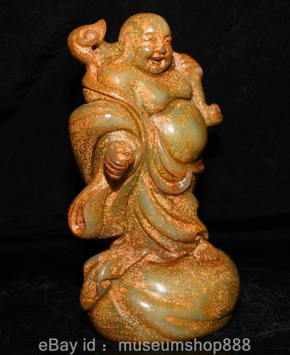8.2" Chinese Old Jade Carving Stand Happy Laugh Maitreya Buddha Sculpture - Picture 5 of 15