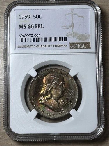1959 Franklin Half Dollar NGC MS 66 FBL Gem Silver Coin 50C Beautiful Toning