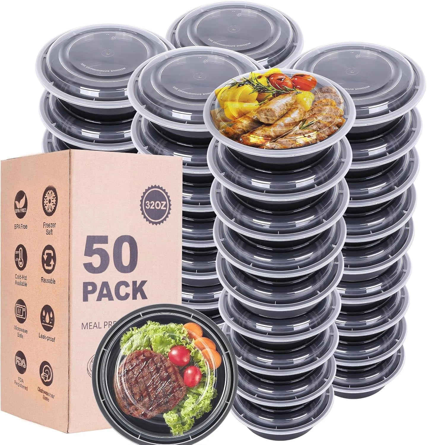 Meal Prep Containers with Lids - 50Pack 32OZ Meal Bowls, round to Go Containers,