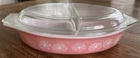 Vintage 1958 Pyrex Pink Daisy Oval Divided 1.5 QT Casserole Dish with Clear Lid