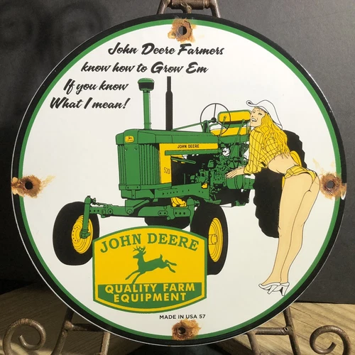 VINTAGE JOHN DEERE FARM EQUIPMENT TRACTORS 10” PORCELAIN GAS OIL SIGN