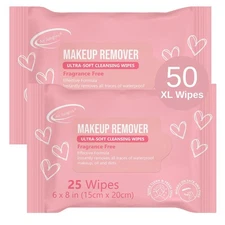Makeup Remover Wipes 25 Count (Pack of 2) Large Facial Towelettes for Face 6x8"