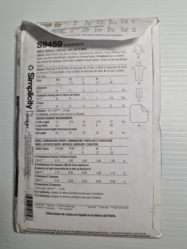 Simplicity Pattern S9459 | Baby Grow Suit Jumpsuit  | Sizes US XXS- L Uncut - Image 2 of 3