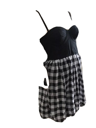 BLACK COTTON CHECKED CORSET CHIFFON BUBBLE HEM MINI DRESS UK 14 EU 42 MEDIUM NEW - Picture 6 of 11