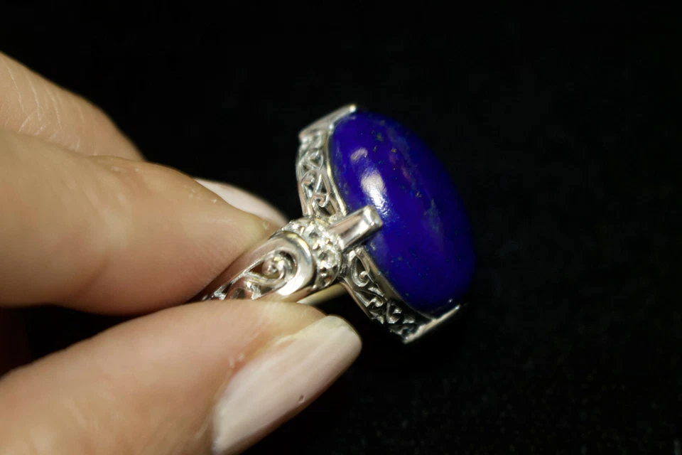 Conjunto de pedras azuis prata esterlina 925 - Anel tamanho 8, amuleto meia lua com colar BEA - Imagem 3 de 4