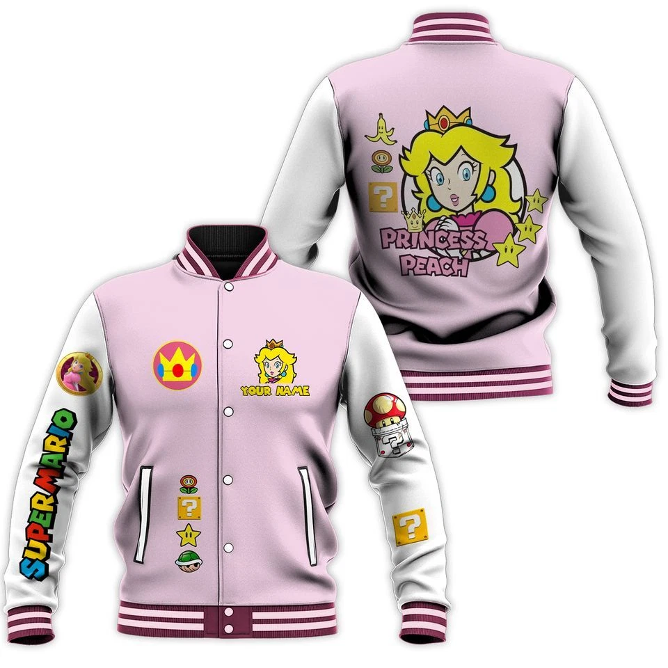Princess Peach Baseball Jacket, Super Mario Baseball Jacket, Custom Princess