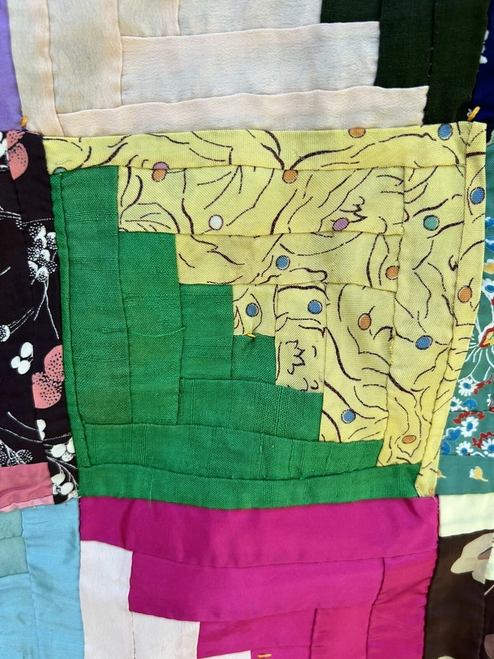 Antique Log Cabin In Rows Quilt Hand Pieced Hand Tied 1930s 40s Silk Rayon - Image 3 of 4