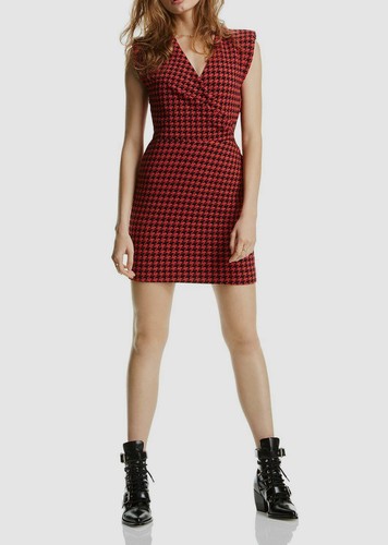 $450 LINI Womens Red Black V-Neck Textured Ruched Sleeveless Sheath Dress Size S - Picture 1 of 2