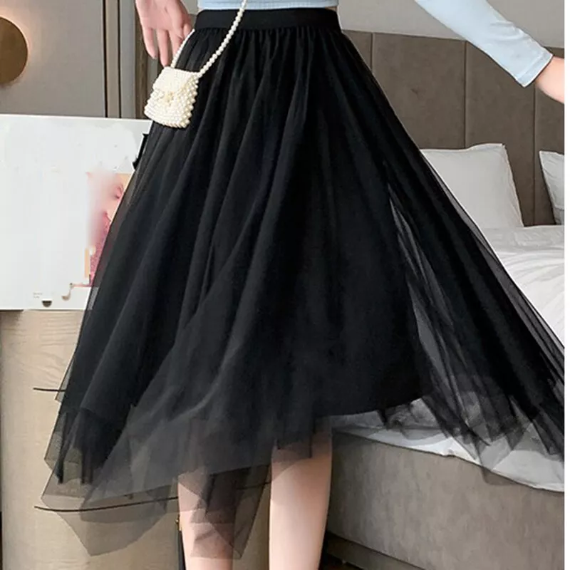 Women Pleated A-line Skirt Layered Mesh Tulle Tutu Midi Skirt Irregular  Clubwear