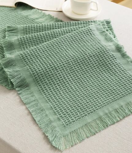 Dusty Green Table Runner 14"x72" Waffle Weave Boho Rustic Fringe Cotton Farmh...