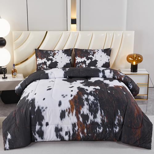 Comforter Set 3 Pieces Cow Print Bedding Set Western Queen Cow Fur Pattern-image