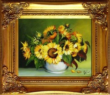 Tableau À L'huile Fait Main Sur Toile Signé Tournesols 34X30CM Cadre Art G01287