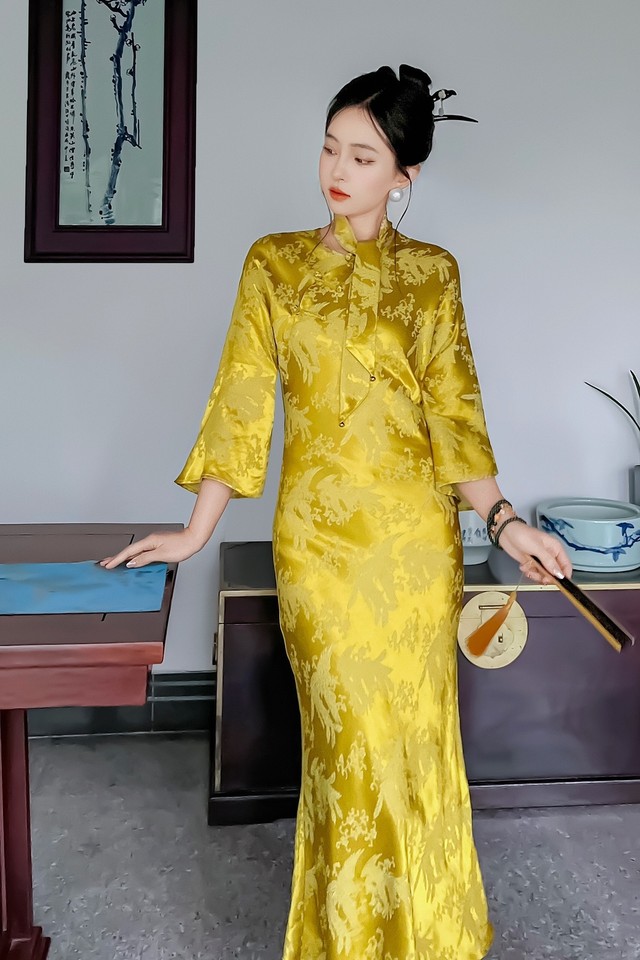 2024 womens Dress 2024 Silk Dress Silk Phoenix jaquard Cheongsam Dress