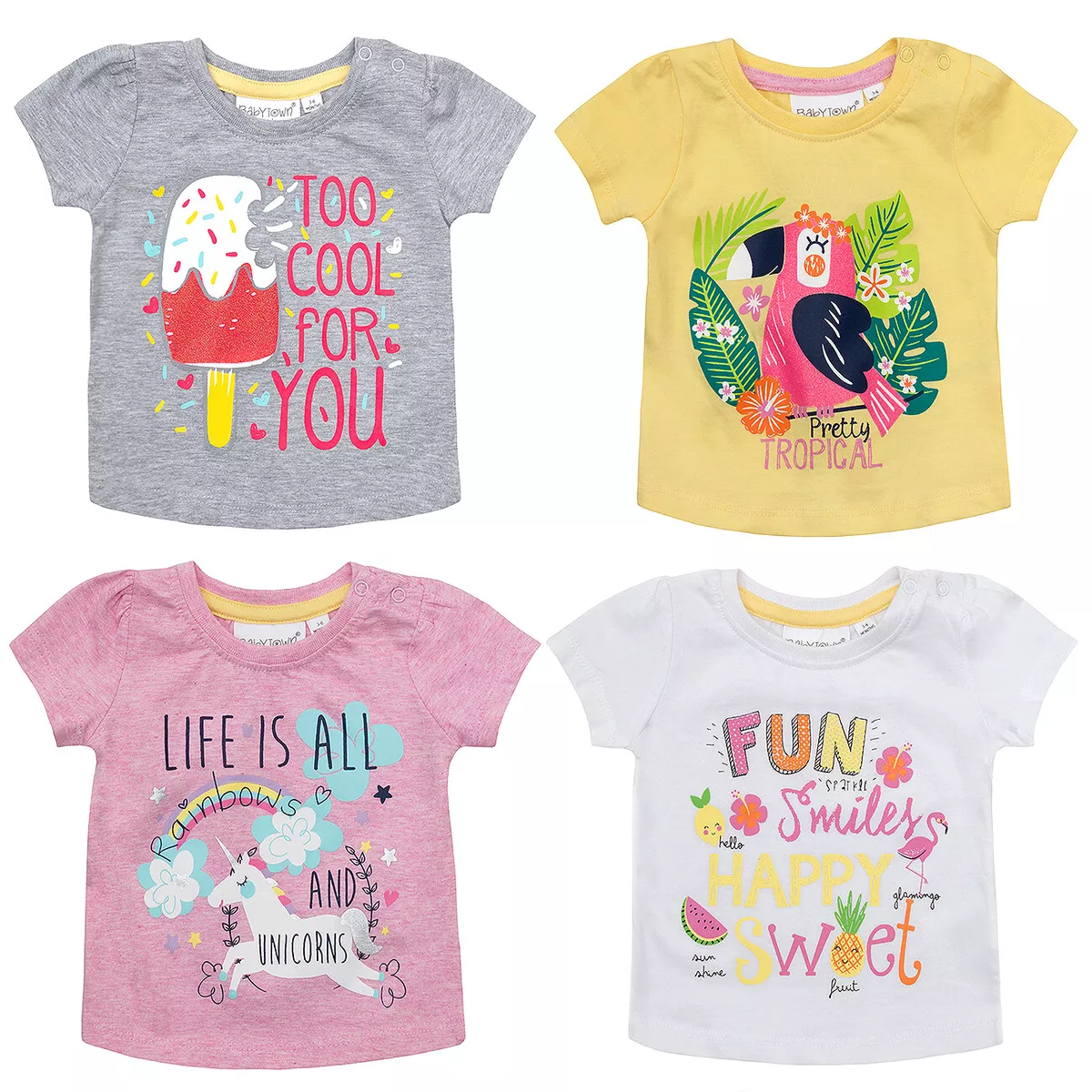 MiniKidz Baby Girls Printed T-Shirts Cotton Rich Novelty Summer Tops Ages  0-24m