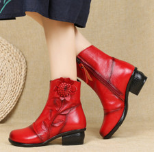 Womens Round Toe Shoes Folk Flower Leather Decor Retro Ankle Boots Block Heels