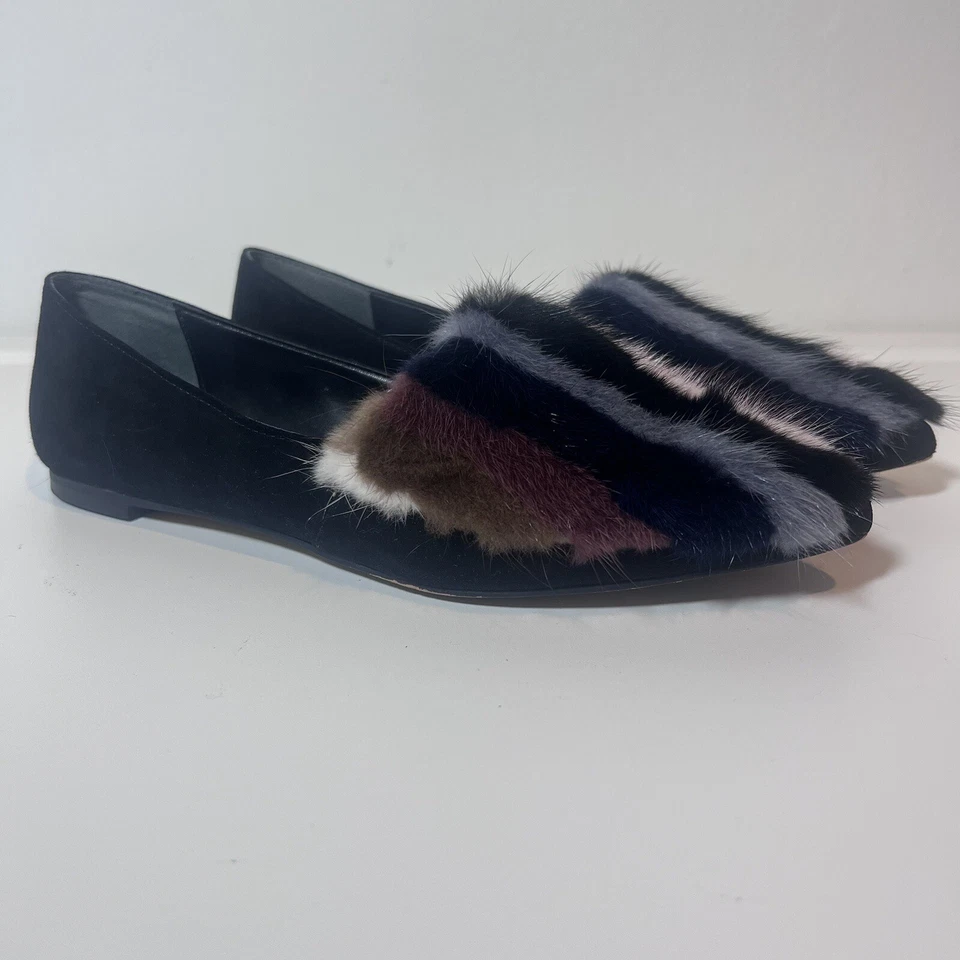 Rebecca Minkoff Amelie Black Leather Multicolor Mink Fur Front Flats Size 8.5M - Image 2 of 4