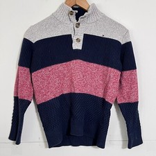 Tommy Hilfiger Boys Sweater Size M 12/14 Rugby Striped Ribbed 1/4 Button Up