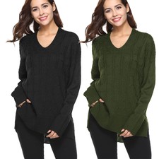 Winter Warm V-Neck Long Sleeve Sweater Women Soft Pullover Thick Knit Top US
