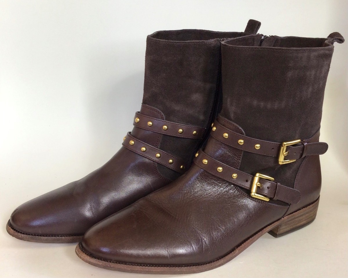 COACH Lillianna Suede & Leather Studded Buckle Accent Booties, Brown (Size 10 B) View 6