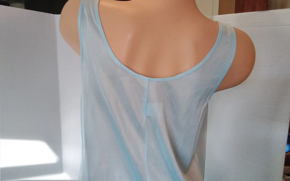 Vintage 60's Full Slip Dress Chemise European Wide Strap Retro Blue Lace Trim L - Image 4 of 4