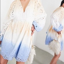 ASOS EDITION Ombre Eyelet Mini Dress Sz 12 White Blue L Sleeve Festival Coastal