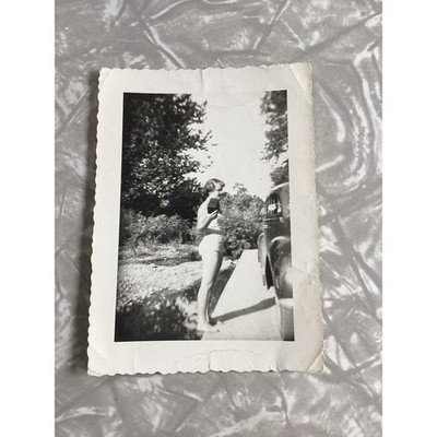 Vtg 1940s Snapshot Shirley Barbarick Woman Swimsuit Box Camera Classic Car BW