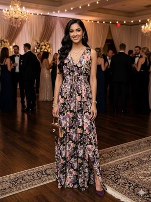 Windsor Floral Maxi Dress Sleeveless Strappy V-Neck Black Pink Purple Green