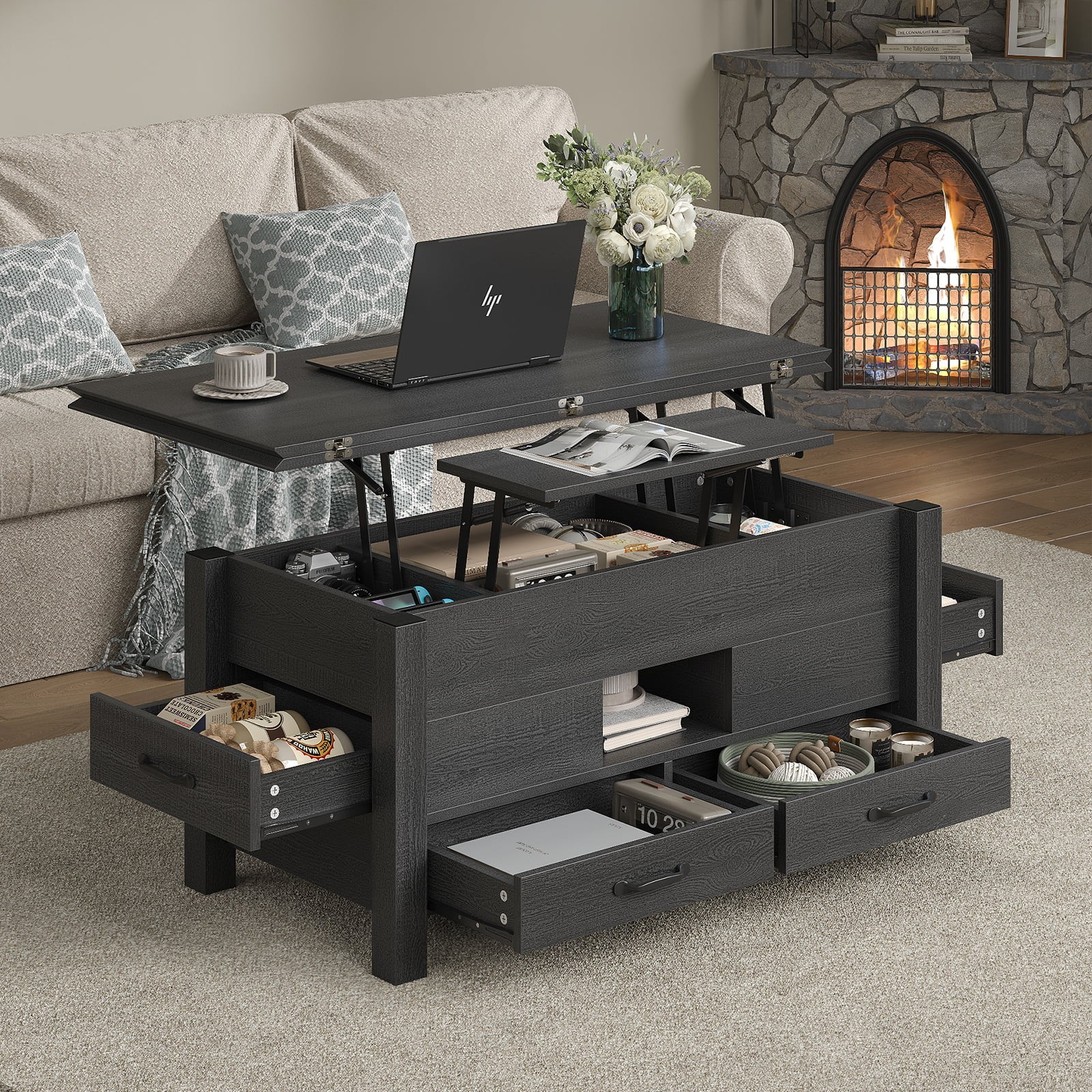 39" Lift Top Coffee Table with 4 Drawers, 180&deg; Flip-Open Top,  Hidden Storage