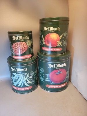 Set of 4 Del Monte Advertising canister set Tomatoes,Beans, Peaches, Pineapples