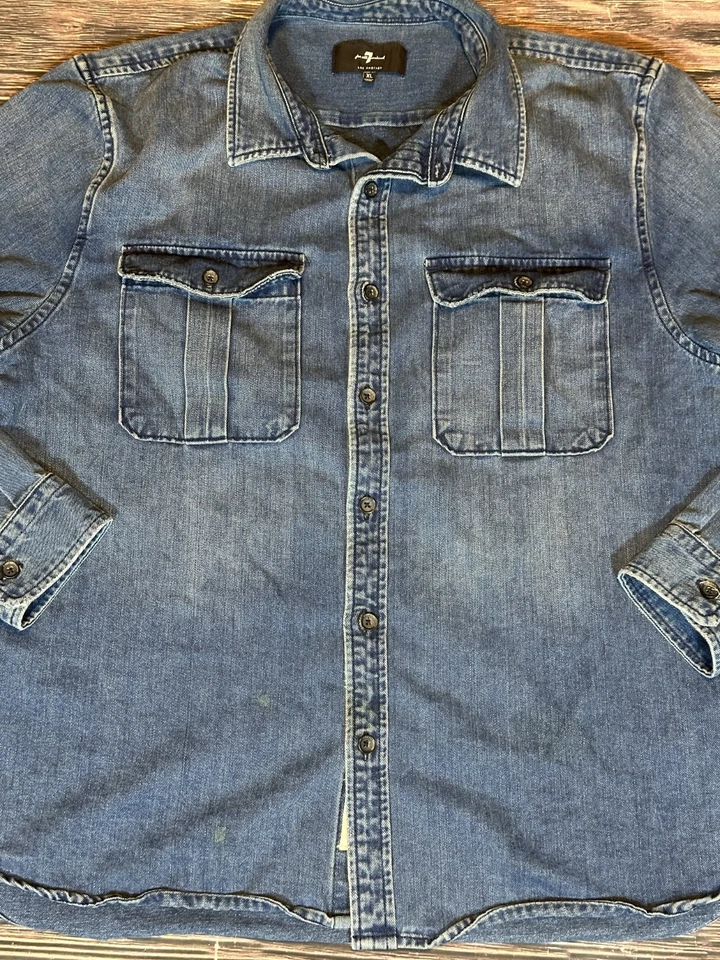 7 Для всего человечества темно стирка синий джинсовой ткани на пуговицах общего назначения рубашка мужская размер XL - Изображение 2 из 4