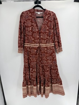 Veronica Beard Brown Floral Boho vacation Midi Dress Tie Waist Long Sleeve sz 8