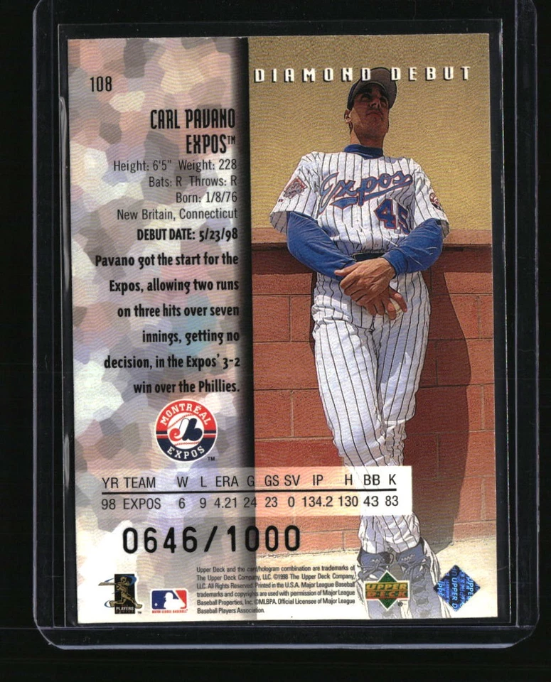 1999 Upper Deck Black Diamond #108 Carl Pavano Triple #/1000 - Image 2 of 2