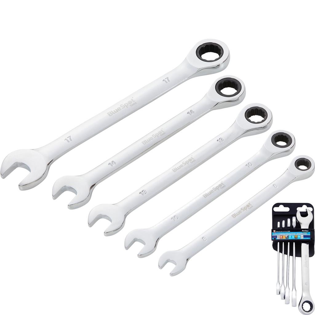 Bluespot 5pc Combination Ratchet Spanner Wrench Set Metric 8-17mm Garage Tool