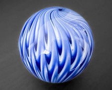 Joe Davis 1.5" Cobalt Blue White Wig-Wag Feathered Handblown Art Glass Marble