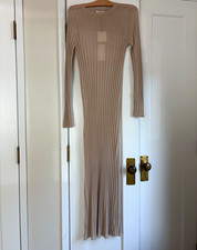 Crescent Beige Solid Ribbed Knit Sweater Maxi Dress Round Neck Long Sleeve S